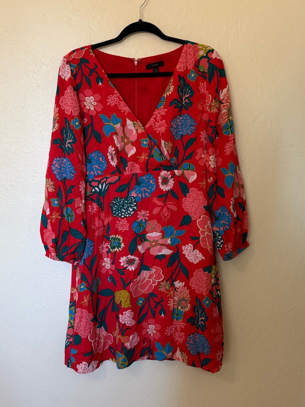 J. Crew Red Floral V-Neck Long-Sleeve Dress Size 8